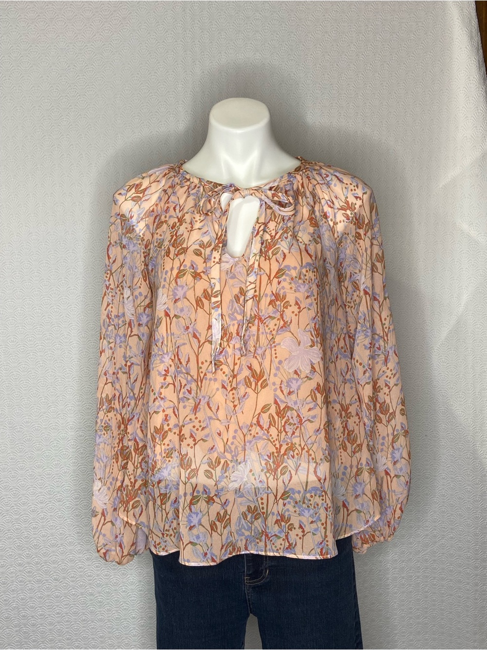 BY TOGETHER Floral Print Blouse with Cami Long SleeveTie Neck Peach Womens Small